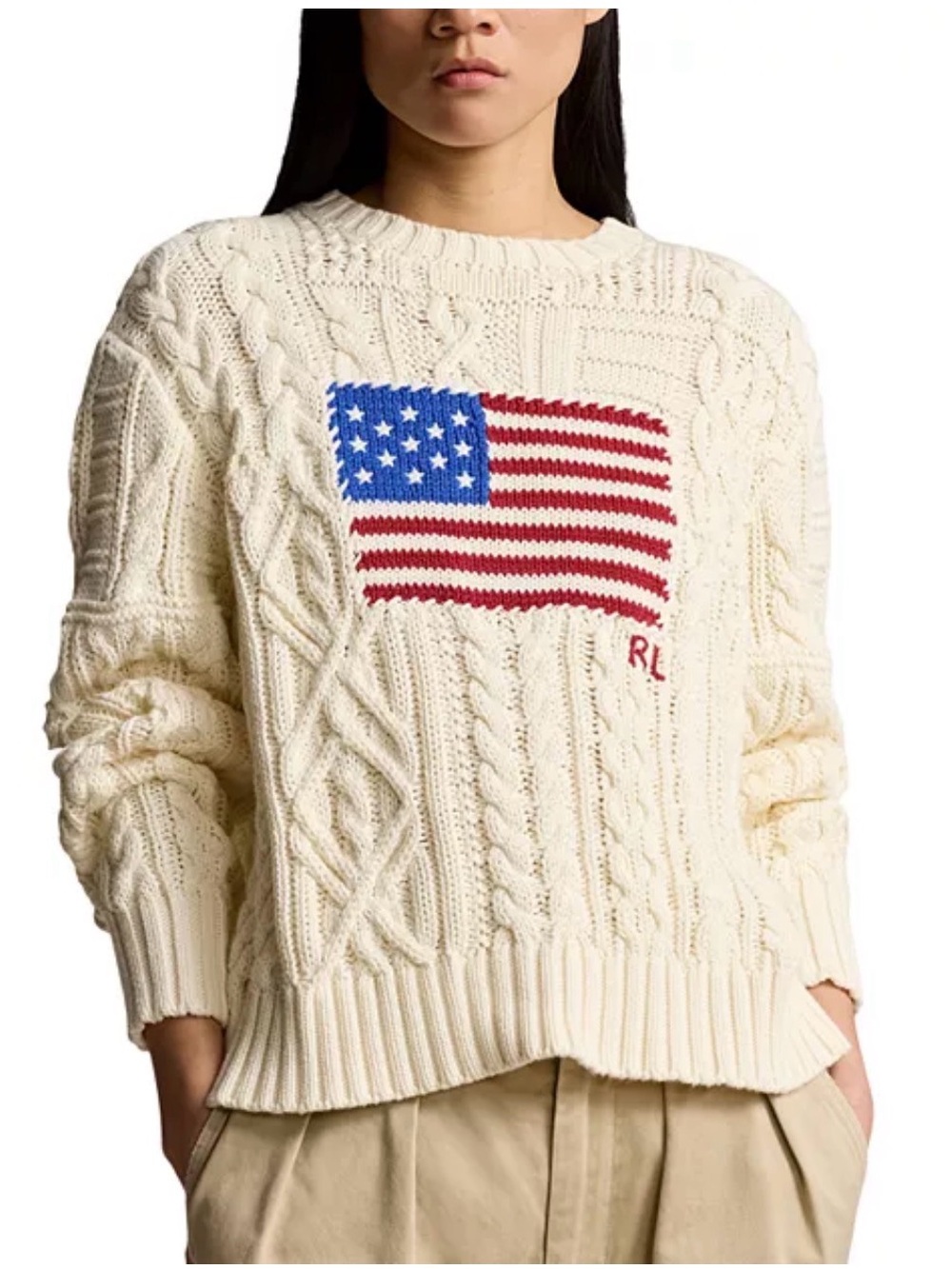 Polo Ralph Lauren Cream Cotton Intarsia Flag Aran Knit Cable Sweater